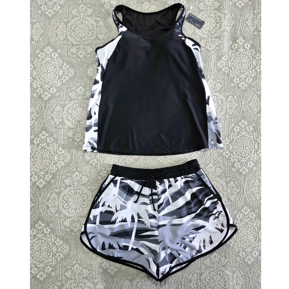 Summer Mae Women Black‎ White Palm Tree Tankini Swim Shorts Set Size 10 NWT